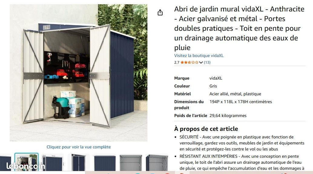 Abri de jardin mural vidaXL - Anthracite - Acier galvanisé et métal - Portes doubles pratiques - Toit en pente pour un drainage automatique des eaux de pluie (image 2)