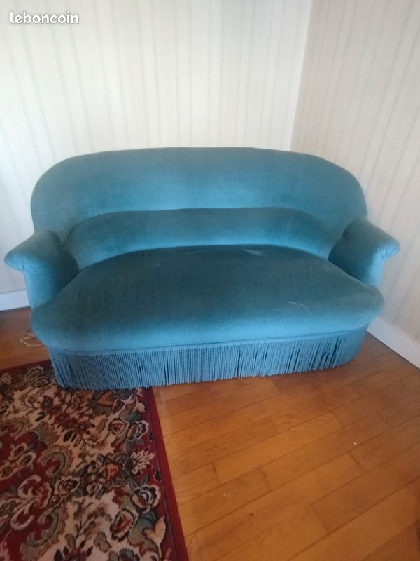 Rare salon Art Déco complet années 1940-1950 – Canapé 2 places + 3 fauteuils en velours d'origine (image 2)