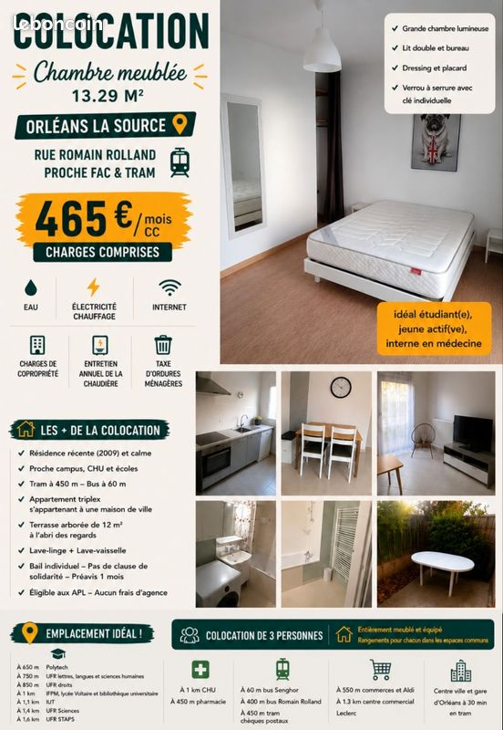 Appartement 1 pièce 13 m² · à Orléans · 13 m² · 465 €