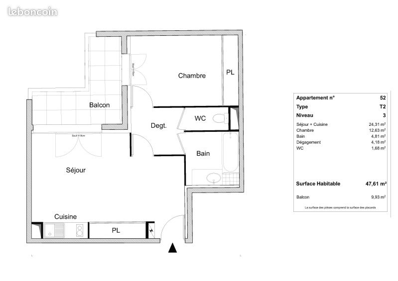 Appartement a louer villepinte - 2 pièce(s) - 47 m2 - Surfyn