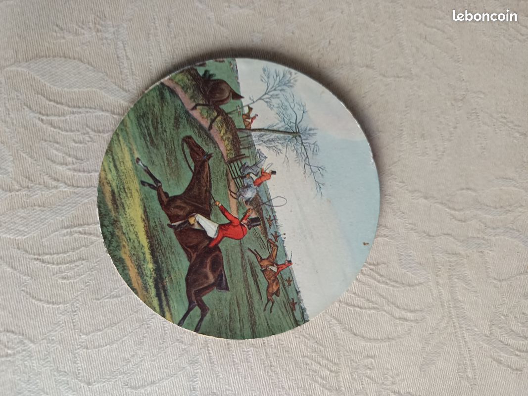 Tableau vintage chasse à courre chiens chevaux forêt nature (D'occasion