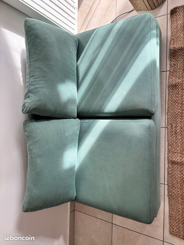 Canapé convertible 2 places + pouf – tissu vert eucalyptus – Lit 2 places intégré – Lyon 2 (image 3)