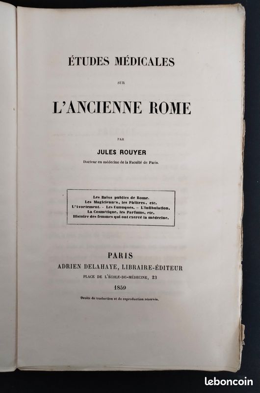 MEDECINE. Jules Rouyer. Etudes MEDICALES sur l'ANCIENNE ROME. E.O (image 2)