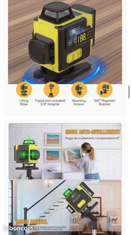 Professional Niveau Laser Autonivelant 360° X 4, Lazer Niveaux Chantier 4d 16 Lignes Laser, Mode Impulsion ExtéRieur, 2 X Batterie,Nivellement Automatique, Support Rotatif, TéLéCommande (image 5)