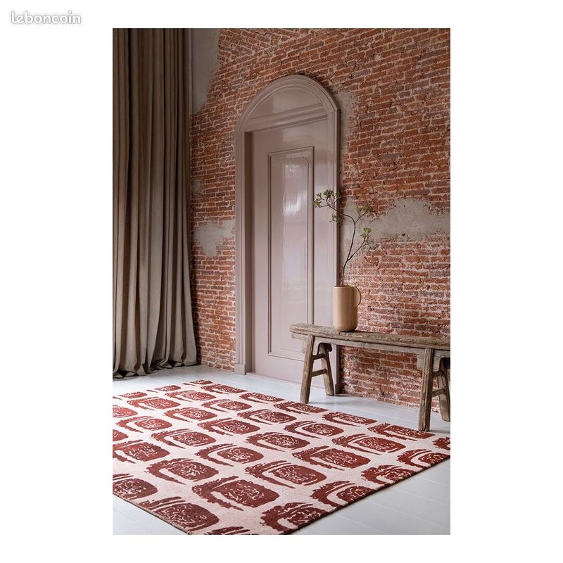 Tapis coton abstrait rectangle moderne Woodblock Rouge 250x350 (image 2)