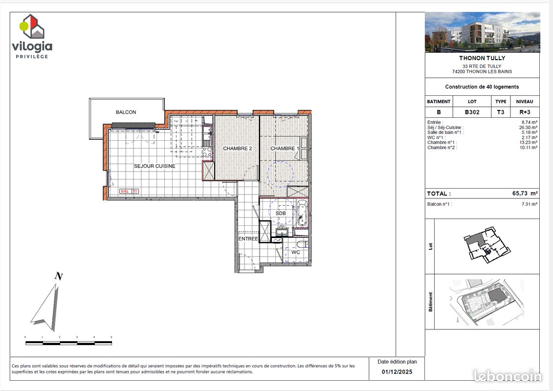 Appartement 3 pièces 65 m² · à Thonon-les-Bains · 65,3 m² · 860 €