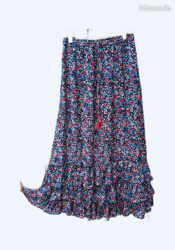 Jupe longue boheme prune fleurie volantée taille 42/44 - Vêtements