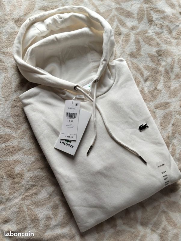 Sweat pull homme capuche lacoste blanc creme taille M 100% coton