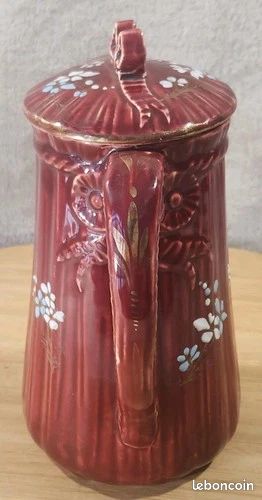 Ancien Rare Cafetière Rouge A Couvercle Barbotine Fleurs Émaillée KG LUNÉVILLE (image 12)