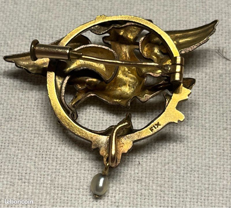 Broche étoile Plaqué Or FIX Avec Perle Centrale - Bijou XIXe Siècle - Occasion - Qualité Exceptionnelle