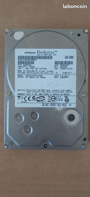 Disque Dur Interne Hitachi Deskstar HDS721075KLA330 750G SATA3.0 (image 1)