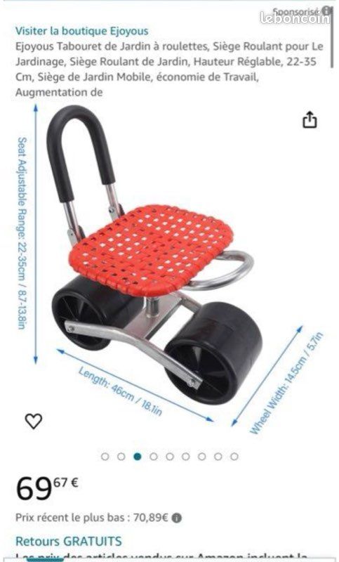 QWORK Tabouret De Jardin à Roulettes Rotatif 360° Rouge - Siège Réglable Hauteur Jardinage