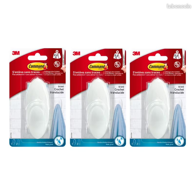 Lot de 3 Crochets Salle de Bain 3M Command L Blanc Adhésif Sans Perçage 2,2 kg - Neuf sous Emballage - ID N°133 (image 2)