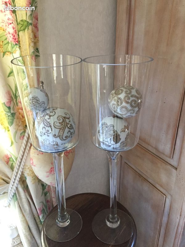 Paire De Grands Bougeoirs Photophores En Verre Irisé - 20 Cm - Neufs