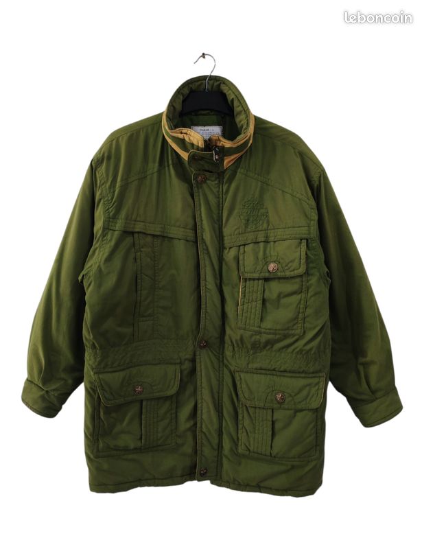 Manteau de ski vert matelassée vintage col doublé jaune, multiples poches taille L (image 1)
