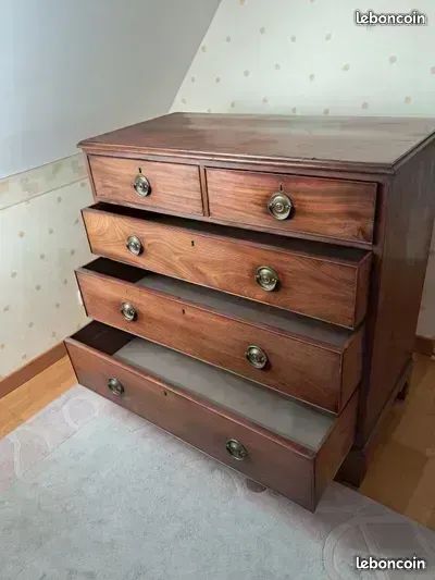 Commode De Poupée Ancienne Placage Acajou - 3 Tiroirs - Ht 34,5 Cm