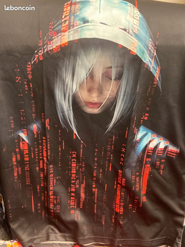 T-shirt imprimé fille cyberpunk casquette néons neuf - taille XL - polyester manches courtes, motif urbain futuriste intégral, léger et respirant (image 6)