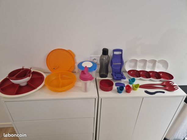 Lot De 5 Coupelles Vintage Tupperware Océane - Bordeaux Et Rose Pâle - Plastique Rétro