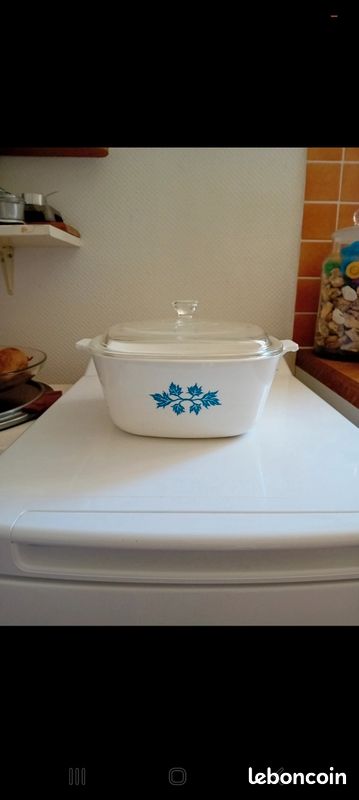 Cocotte Pyroflam Carrée Vintage - Plat à Four Verre Blanc/bleu Avec Couvercle
