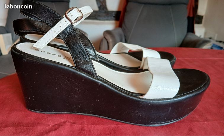 Escarpins Sandales ANDRE Talons Compensés Cuir Noir - Taille 40, Occasion Bon état