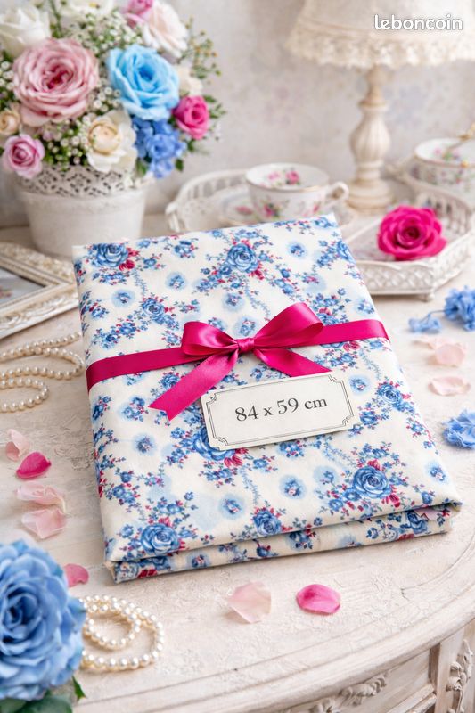 Tissu Ancien Fond Blanc Motifs Roses Et Bleues - Occasion - Pour Couture, Patchwork, Décoration