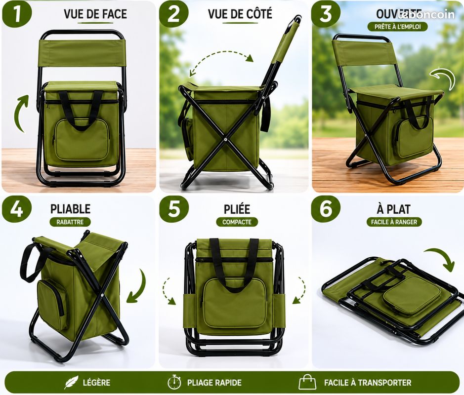 CHSG Chaise Camping Pliante Avec Sac Isotherme - Capacité 150 Kg, Double Sangle, Tissu Oxford - Barbecue, Pêche, Pique-nique