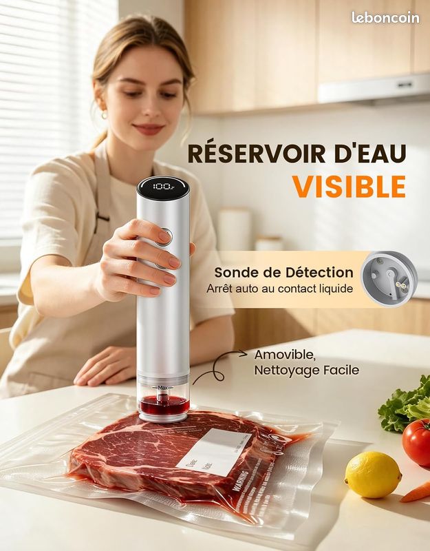 Machine sous Vide Alimentaire Portable avec 20 Sacs Réutilisables 70kPa Puissant Appareil Mise Sous Vide avec Réservoir Visible, Auto&Pulse, Alliage d'Aluminium, Écran LED, pour Secs&Humides (image 4)