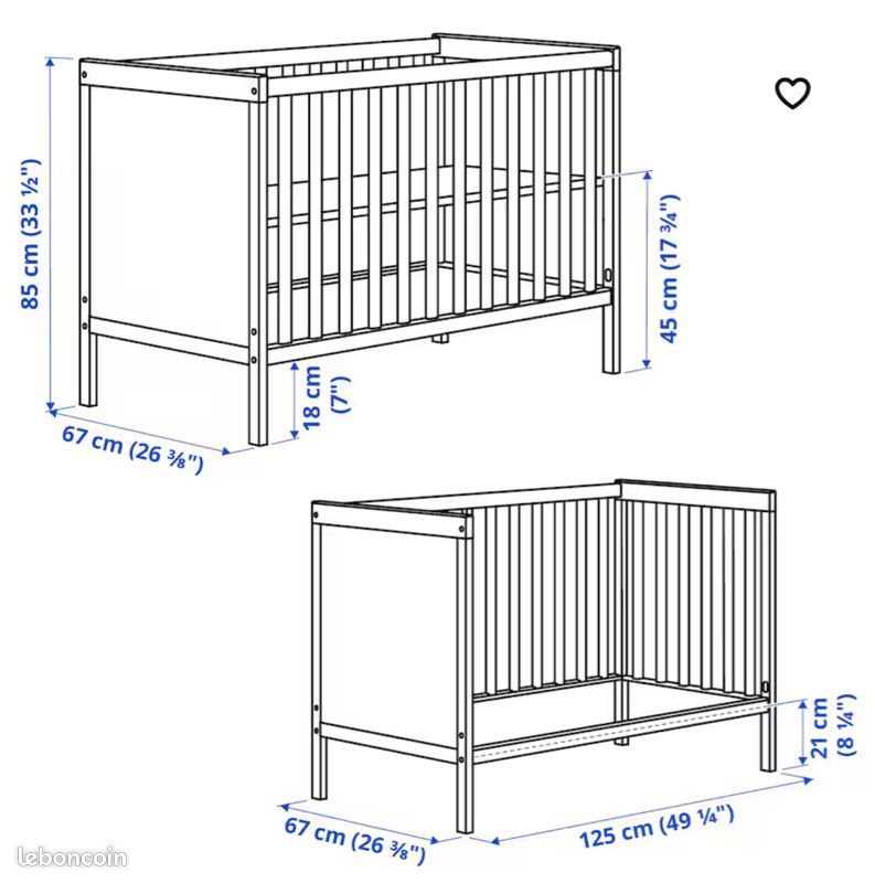 Lit Bébé ( 2 hauteurs ) avec matelas (image 2)