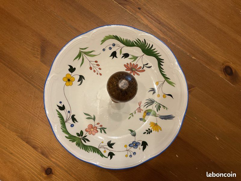 Faïence de GIEN. Oiseaux de paradis. Plateau + poignée bois (image 2)