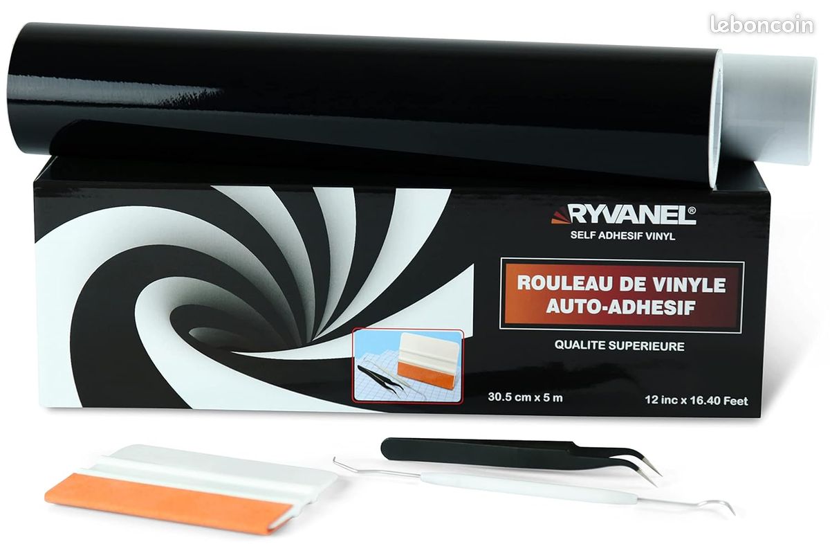 Rouleau de vinyle adhésif Noir Brillant 5 m + Film de transfert + outils (image 1)