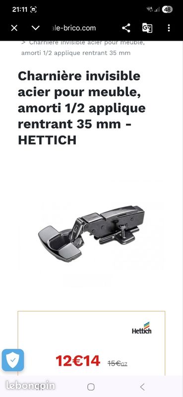 Lot 8 Charnière HETTICH CHARNIÈRE INVISIBLE ACIER POUR MEUBLE, AMORTI 1/2 APPLIQUE RENTRANT 35 MM (image 1)