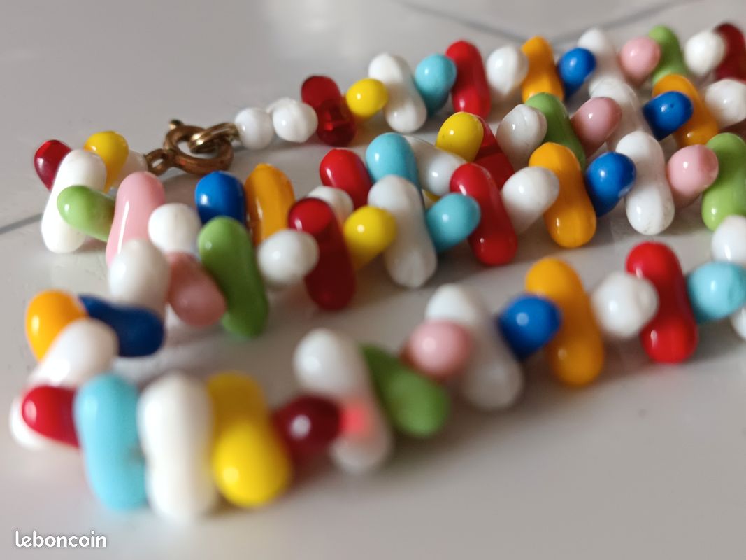 Lot De 5 Colliers Vintage 80's – Perles Plastique 6 Mm, Longueur 84 Cm – Doré Et Couleurs Fluo – Parfaits Pour Fêtes