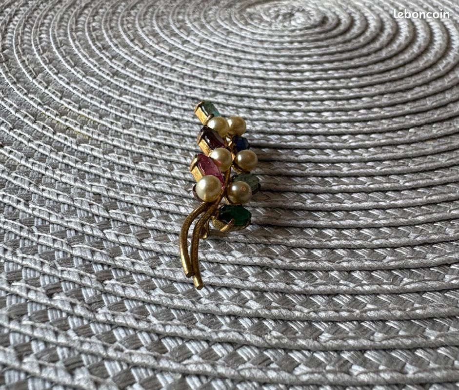 Broche Ancienne En Argent Fin Avec Perles Et Pierres - Bijou Vintage Sans Marque - Occasion