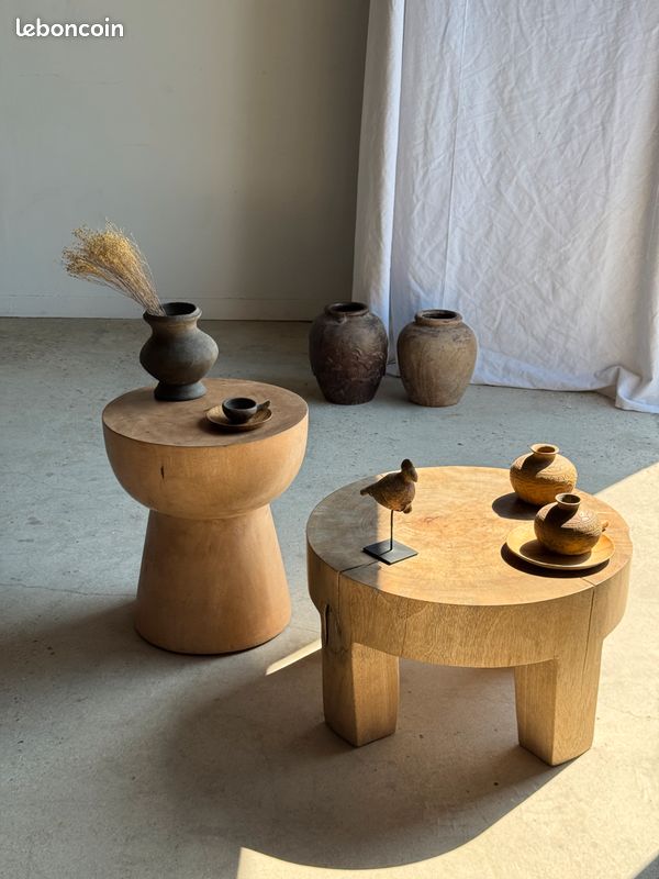 Table d'appoint ou stool plateau demi-sphérique en manguier beige H50 D45 (image 2)