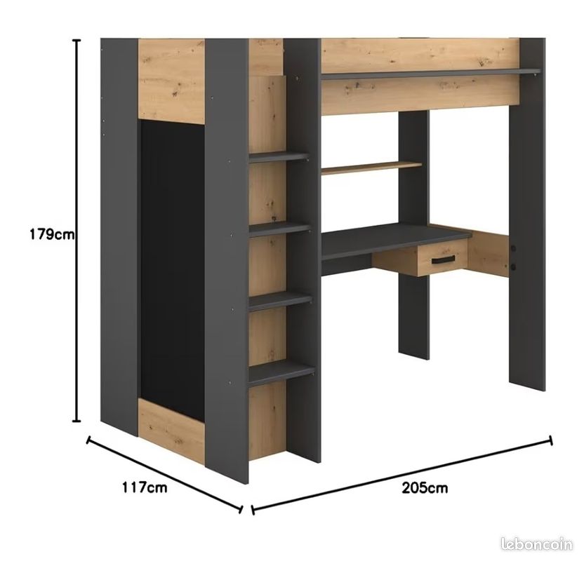 🛏️ Lit mezzanine 90x200 avec bureau & placard sans matelas (image 11)