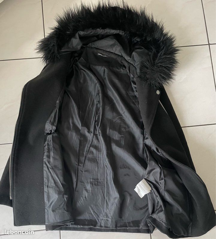 Manteau Cache Cache en laine T 36 noir avec capuche fausse