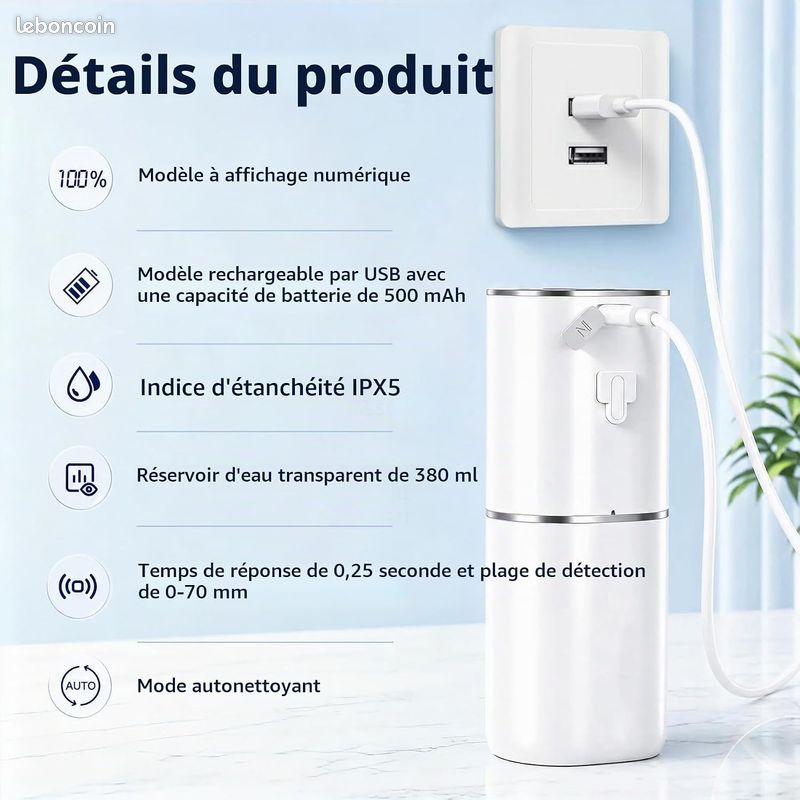 Distributeur de Savon Automatique, Distributeur de Savon Mousse Électrique avec Écran, 6 Niveaux Réglables, Rechargeable USB, Mural/Table, pour Salle de Bain et Cuisine (380ml Blanc) (image 3)