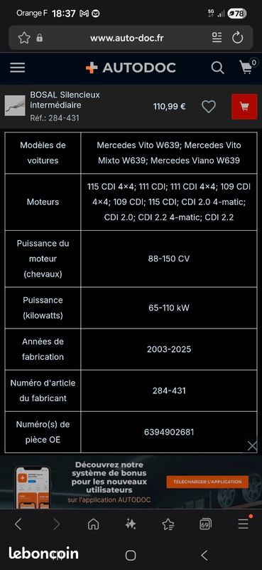 Silencieux Intermédiaire Pour Mercedes Viano/Vito 2.0/2.2 CDI - Acier Aluminié, Homologué E