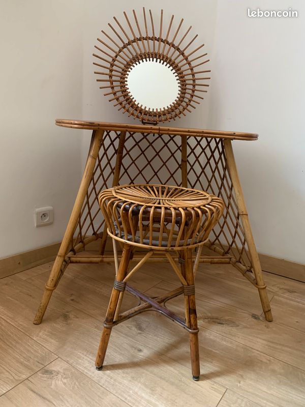 Coiffeuse antiquaire forme soleil très jolie bois/osier assorti d'un tabouret en osier (image 7)