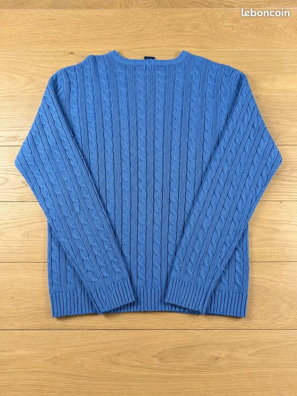 Pull Ralph Lauren Sport bleu maille torsadée logo jaune femme L 0508 (image 2)