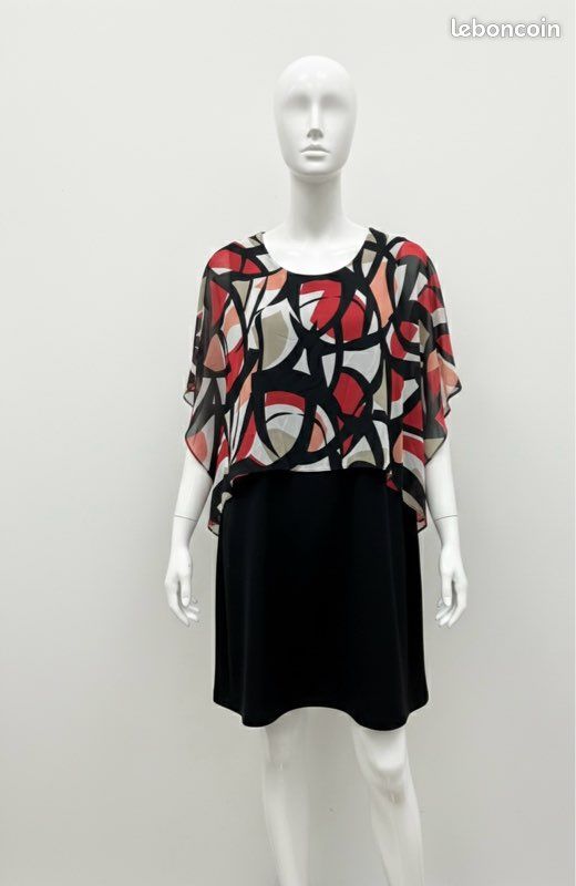Robe Femme Imitation Peau Toscane Taille 2 (46) - Couleur Moutarde Et Noire, Style Trapèze, Manches Courtes