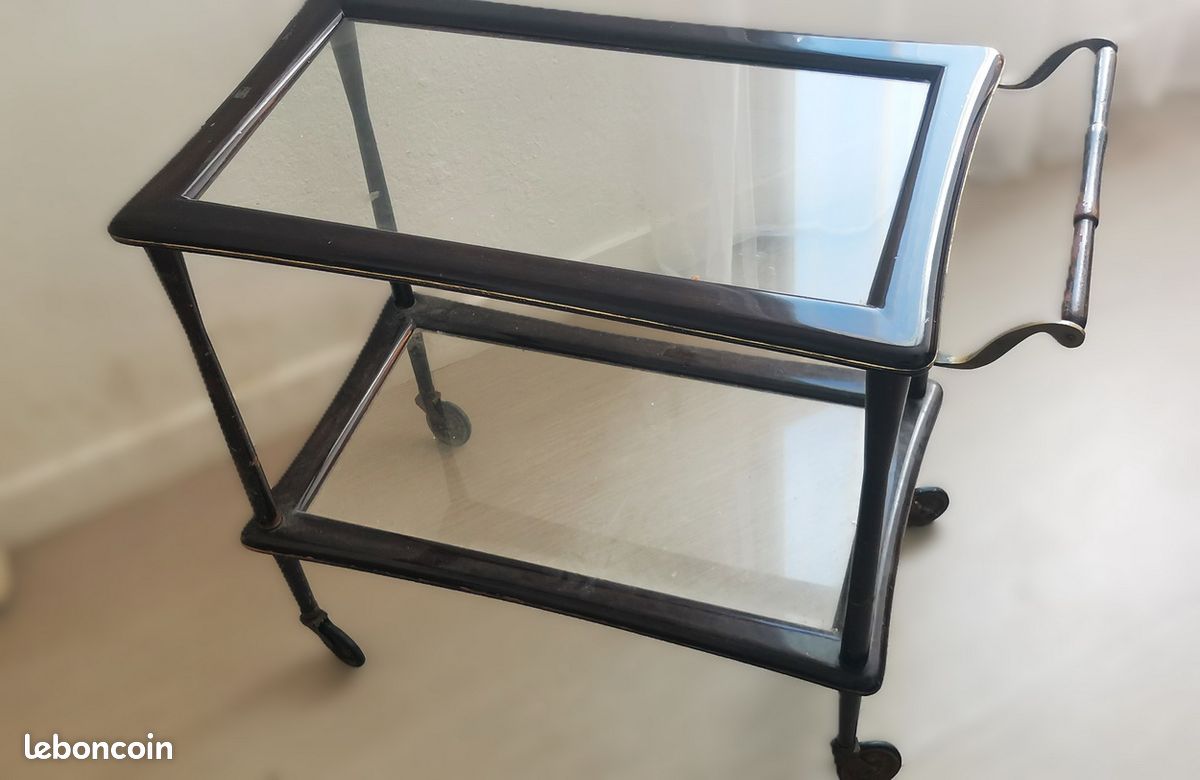 Desserte années 1950 par Cesare Lacca à deux plateaux de verre en laiton et palissandre laqué (image 3)