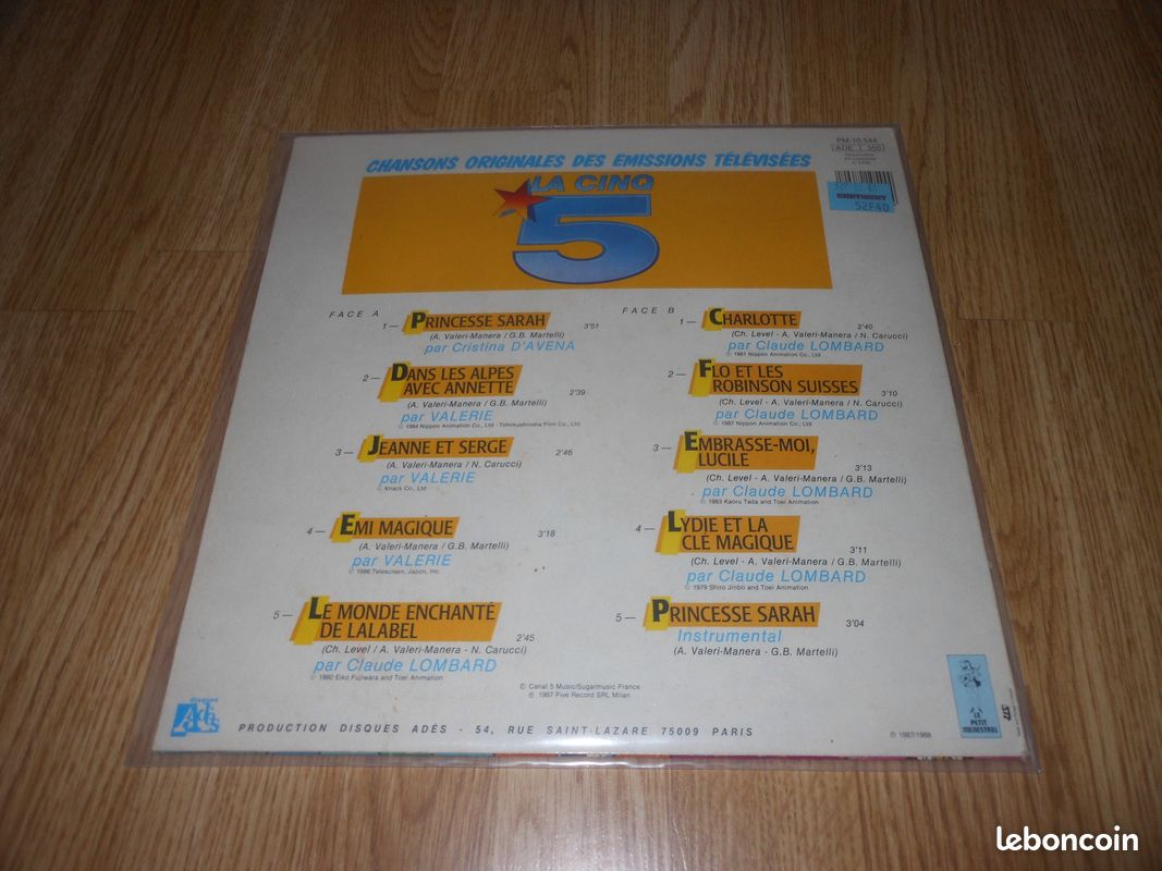 Vinyle 33 Tours générique Dessins animés les feuilletons de la cinq 5 (Princesse Sarah - Jeanne et serge - Embrasse moi Lucile - Emi magique - Lydie et la clé magique - Flo et les robinson suisse) (image 2)