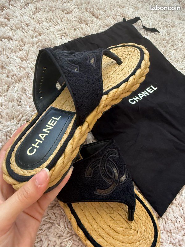Leboncoin Chanel Nu Pied Sandales Tongs Chanel En Paille Et Tissu