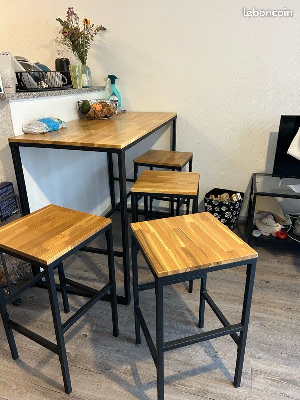 Table haute en bois de chêne et métal, et ses quatre tabourets (image 2)
