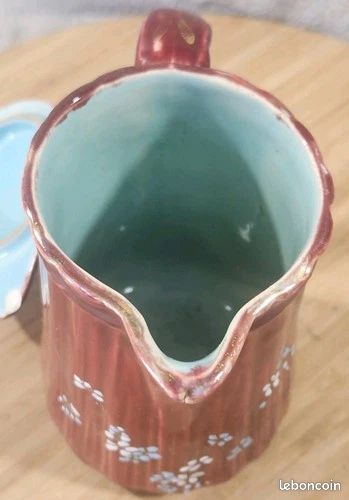 Ancien Rare Cafetière Rouge A Couvercle Barbotine Fleurs Émaillée KG LUNÉVILLE (image 17)