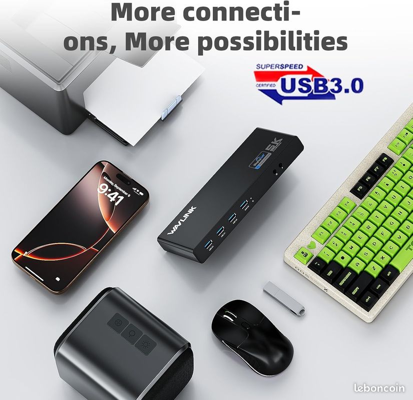 Station D'accueil - WAVLINK - USB 3.0/USB-C - 6 Ports USB 3.0 - Sorties DVI/VGA/HDMI - Ethernet Gigabit - Informatique