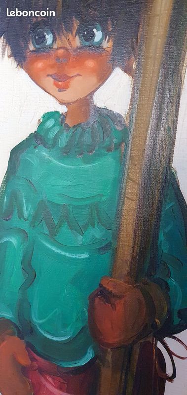 Michel THOMAS Poulbot au ski 1964 HUILE sur TOILE gamin gavroche de PARIS (image 7)