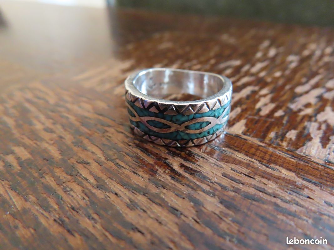 Bague Ancienne En Argent Massif Avec Turquoise - Style Navajo, Poinçonnée T61,5
