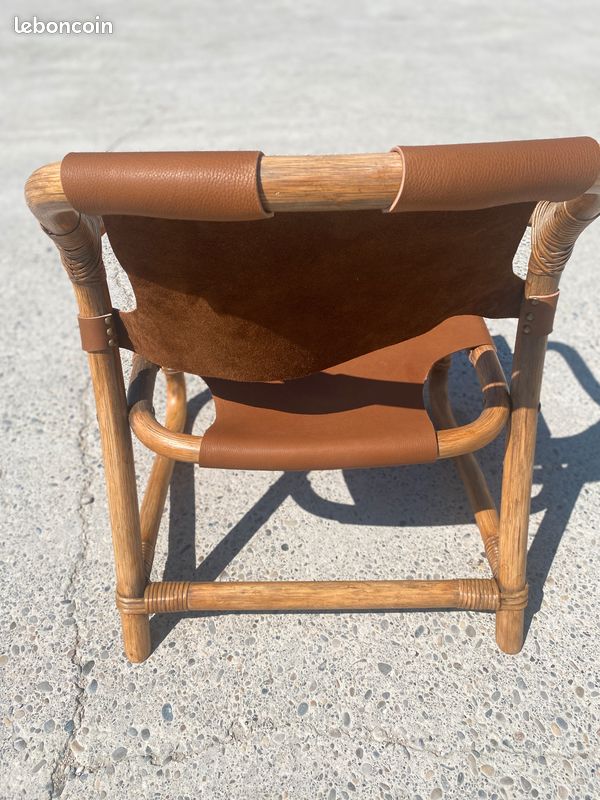 Fauteuil safari mid-century en bambou et cuir, danemark, 1960s (image 3)